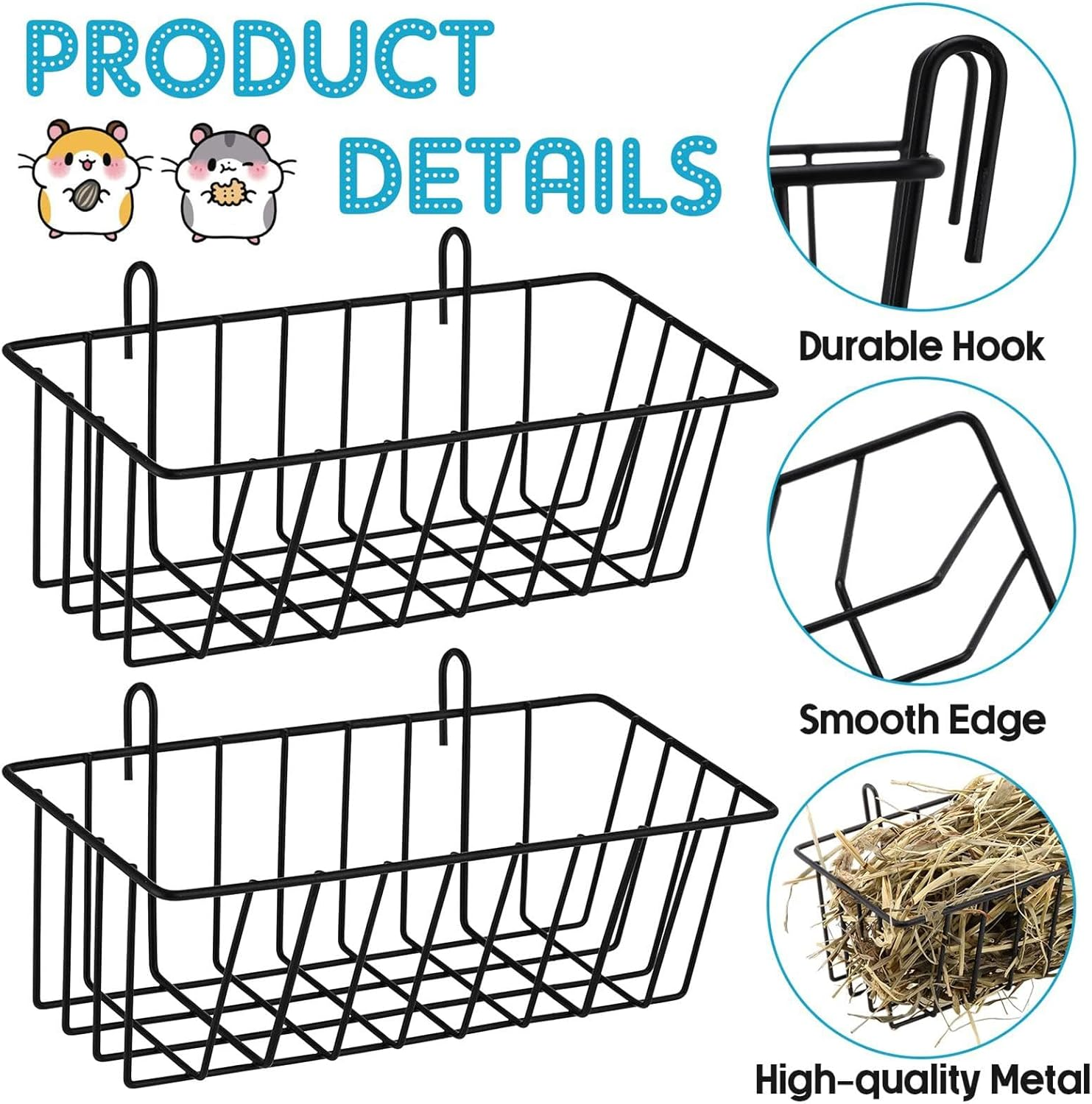 Rabbits Hay Feeder, 2Pcs Rabbits Feeder Racks, Metal Rack Hay Holder, Hanging Racks Bunny Feeder with Hooks, for Guinea Pigs Small Animals Grass Rack 9.1X3.9X2.9In image number 4