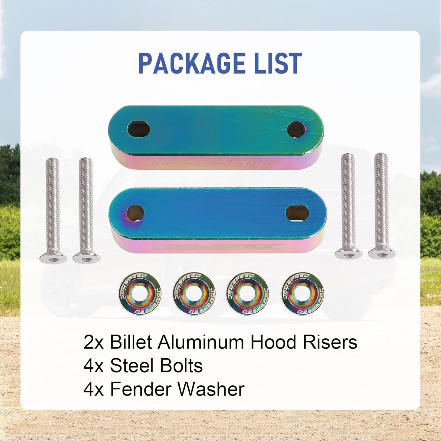 JDMSPEED Neo Chrome CNC Billet 3/4" Replacement for Hood Vent Spacer Riser Kit + Bolts + Washers image number 6