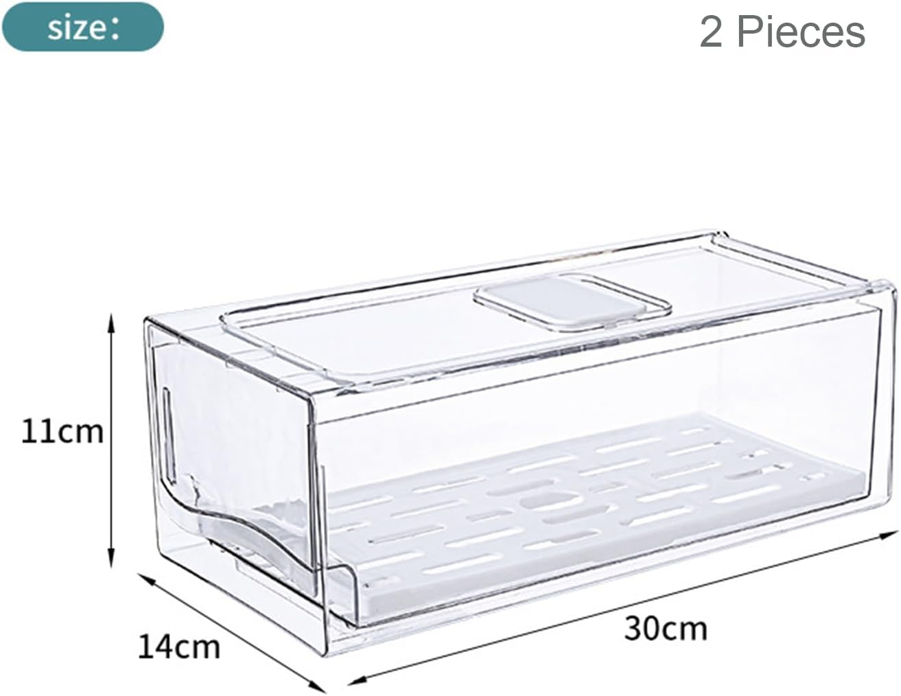 2 Pack 30X14X11Cm Clear Large Fridge Organizer Bins with Pull Out Drawer & Drain Tray, Stackable Fridge Freezer Organizers, Sealed Kitchen Food Container Storage Box for Food Fruit Vegetable Drinks