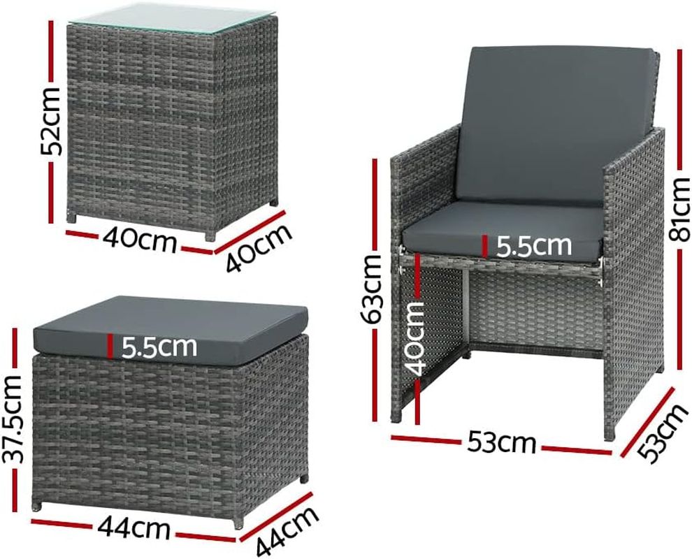 Gardeon Outdoor Lounge Setting 3Pcs Wicker Table and Chairs Bistro Set, Garden Furniture Patio Sofa Recliner Chair Rattan, with Ottoman Cushion Grey of 5 image number 3