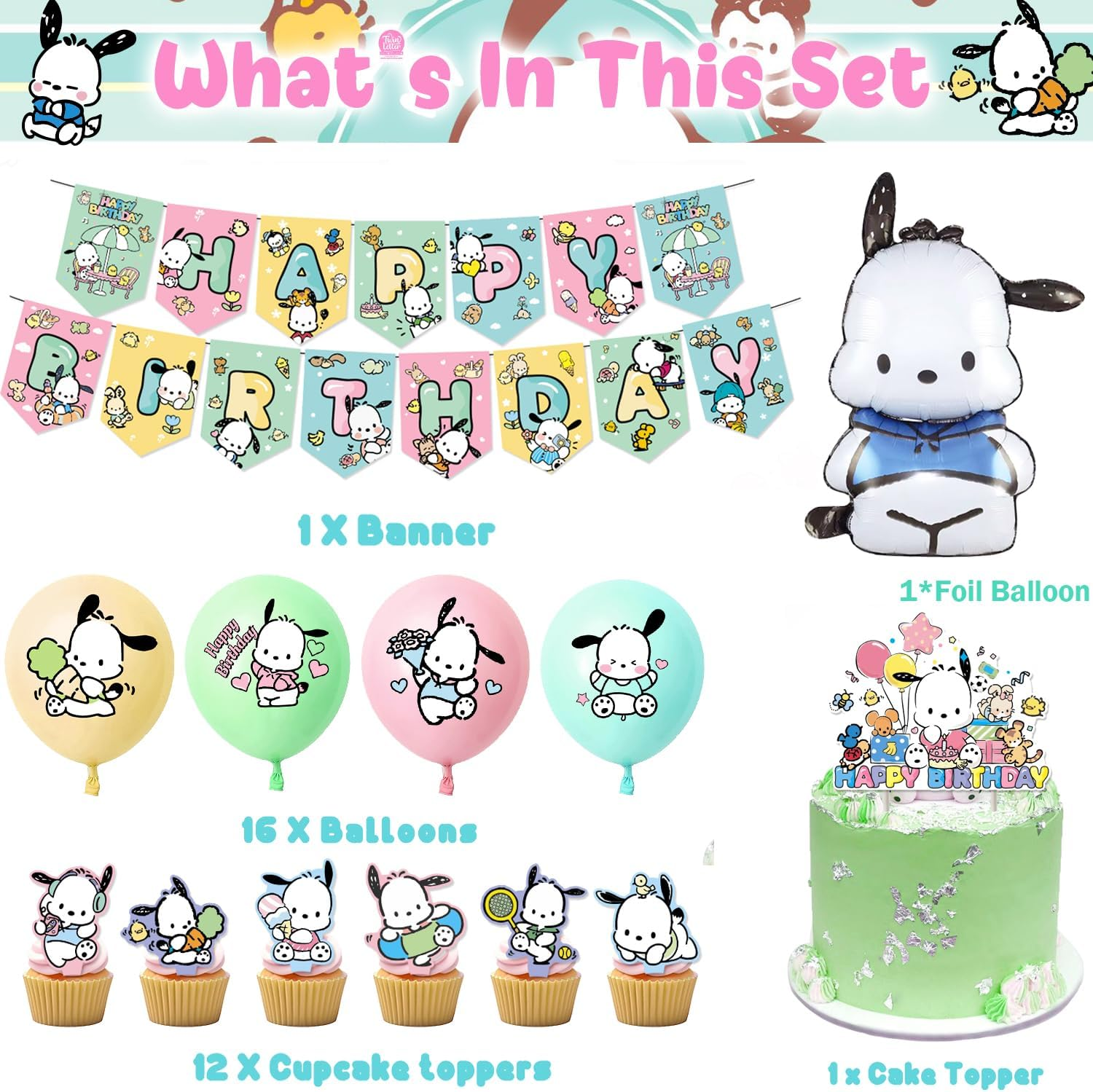 Pochacco Birthday Party Decorations, Kawaii Cartoon Party Supplies with Banner, Cupcake Cake Toppers and Foil Balloons Party Favors for Fans Birthday Background Decorations image number 3