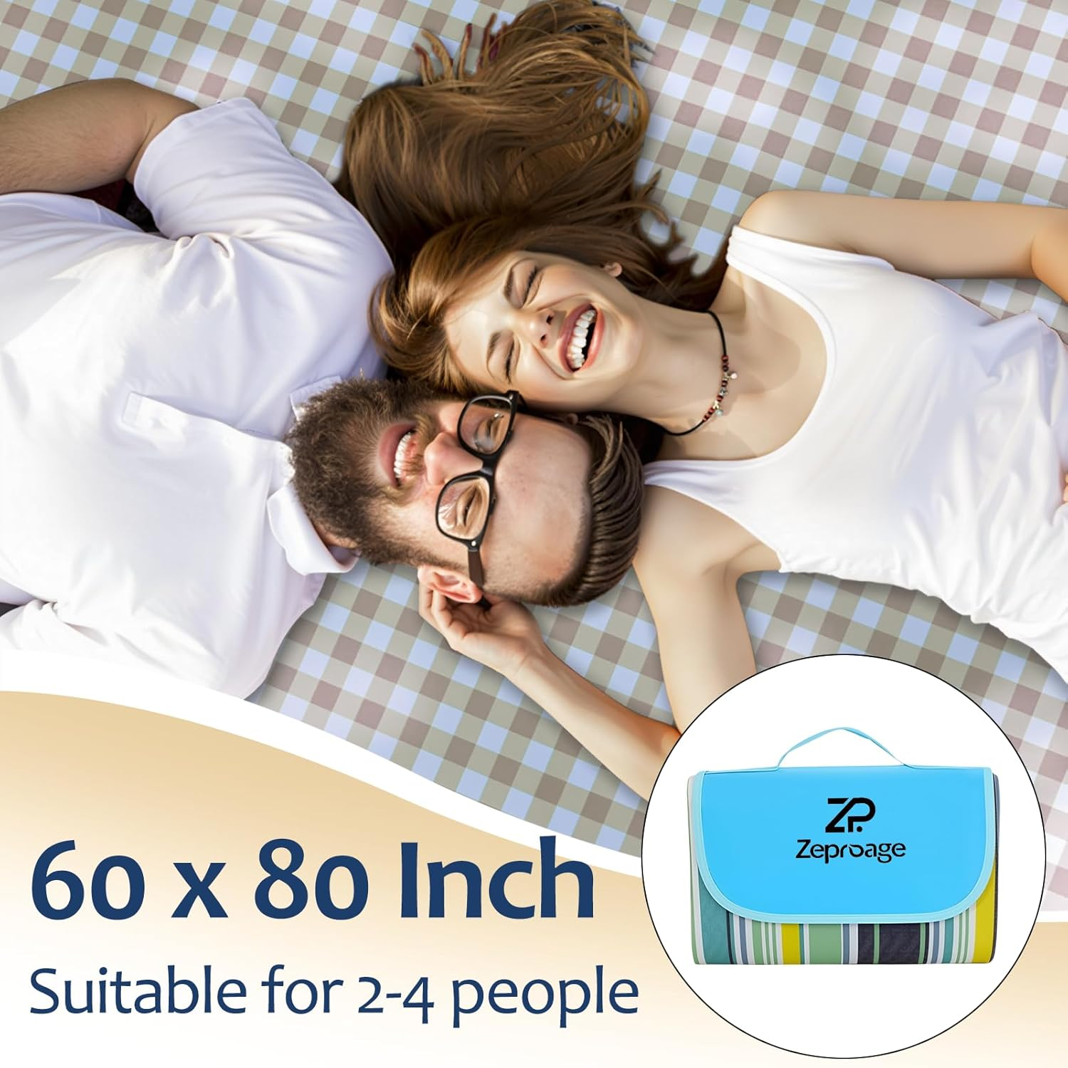 Waterproof Picnic Blankets, 150X200Cm Picnic Mat Outdoor Portable Travel Camping Striped Blue and Green image number 2