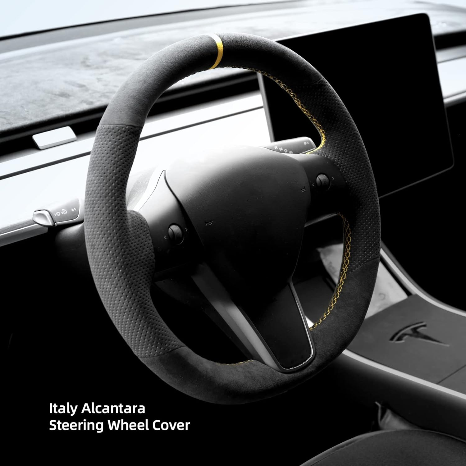 Hand Stitch Sewing Italy Alcantara Car Steering Wheel Cover Wrap for Tesla Model 3/Tesla Model Y (Black Alcantara with Dots+Yellow Stripe) image number 2