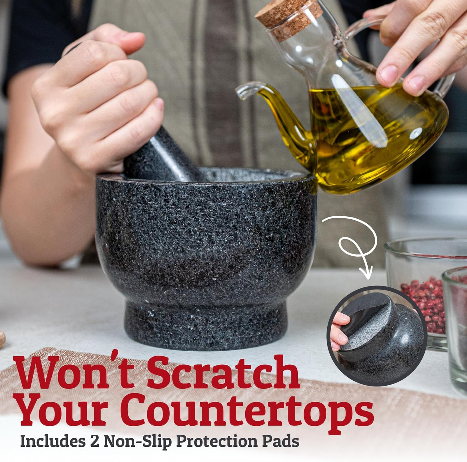 Heavy Duty Large Mortar and Pestle Set, 2 Cups, 100% Natural Granite Mortar and Pestle Stone Grinder Bowl, Molcajete Bowl, Avacado Masher Guacamole Bowls, Black image number 2