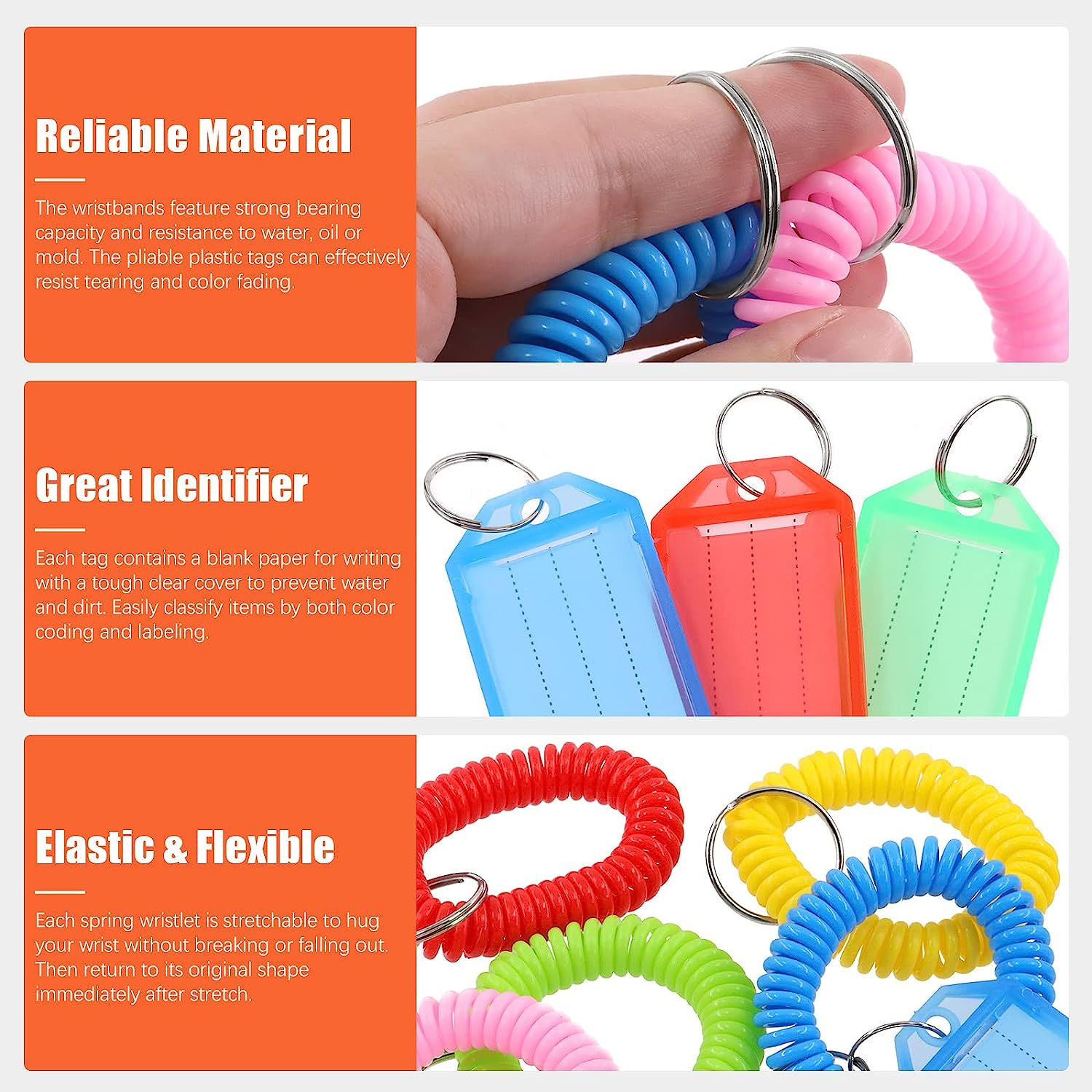 Tanstic 78Pcs 6 Colors Tough Plastic Key Tags and Stretchy Keychain Bracelet Kit, Plastic Key Label with Split Ring and Label Window Key Chain Tags Wrist Coil Keychain Wristband Key Ring image number 6