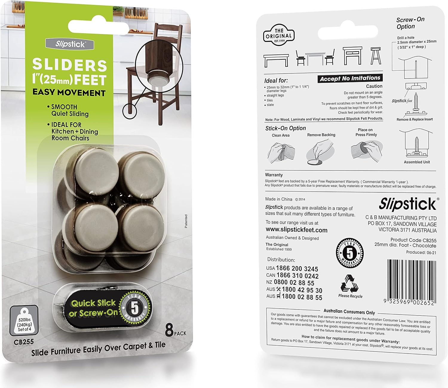 Slipstick CB255 1 Inch Floor Protector Chair Glides/Furniture Slider Feet (Set of 8) Self Stick or Screw on - Chocolate Brown image number 3