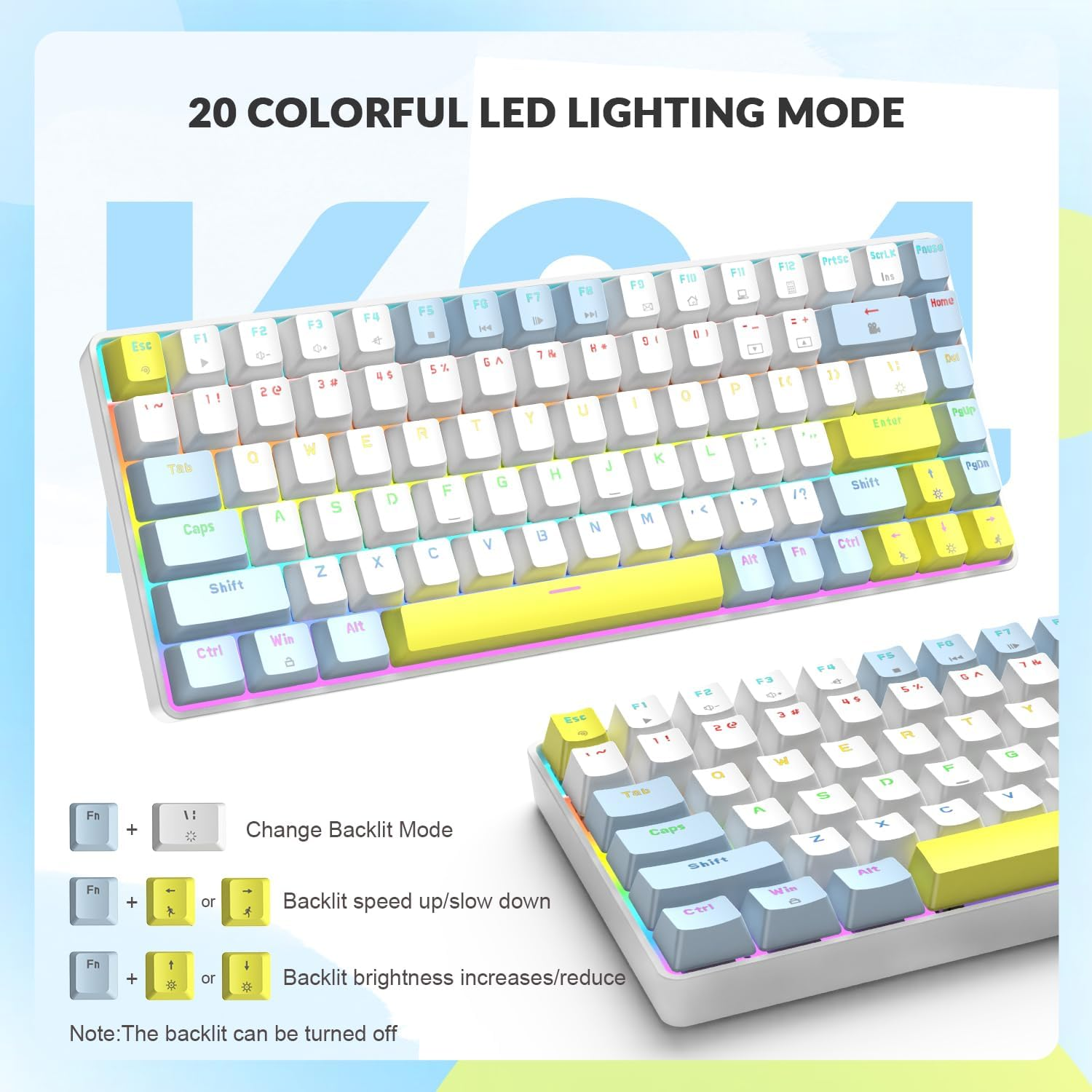 YINDIAO K84 75% Mechanical Gaming Keyboard,84 Keys TKL Layout Compact Keyboard,Hot Swappable,18 LED Backlit,Anti-Ghosting,With Pro Coiled USB-C Cable,Ergonomic,Portable,For Pc,Mac (Lemon,Red Switch)