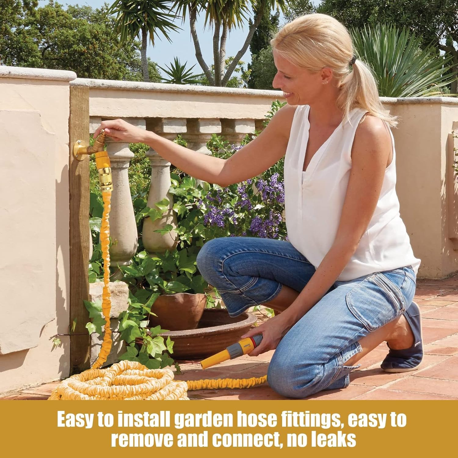 Garden Hose Fitting, 2 Set Thread Easy Connector Fittings, 3/4 Inch GHT Water Hose Connectors for Any Standard Garden Hose, Faucets, Hose Bibs and Watering Devices(Yellow) image number 1