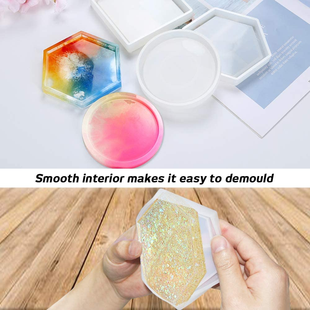 Sourceton Pack of 3 DIY Coaster Silicone Mold, Resin Molds Include Round, Square, Hexagon, Molds for Casting with Resin, Cement. image number 4