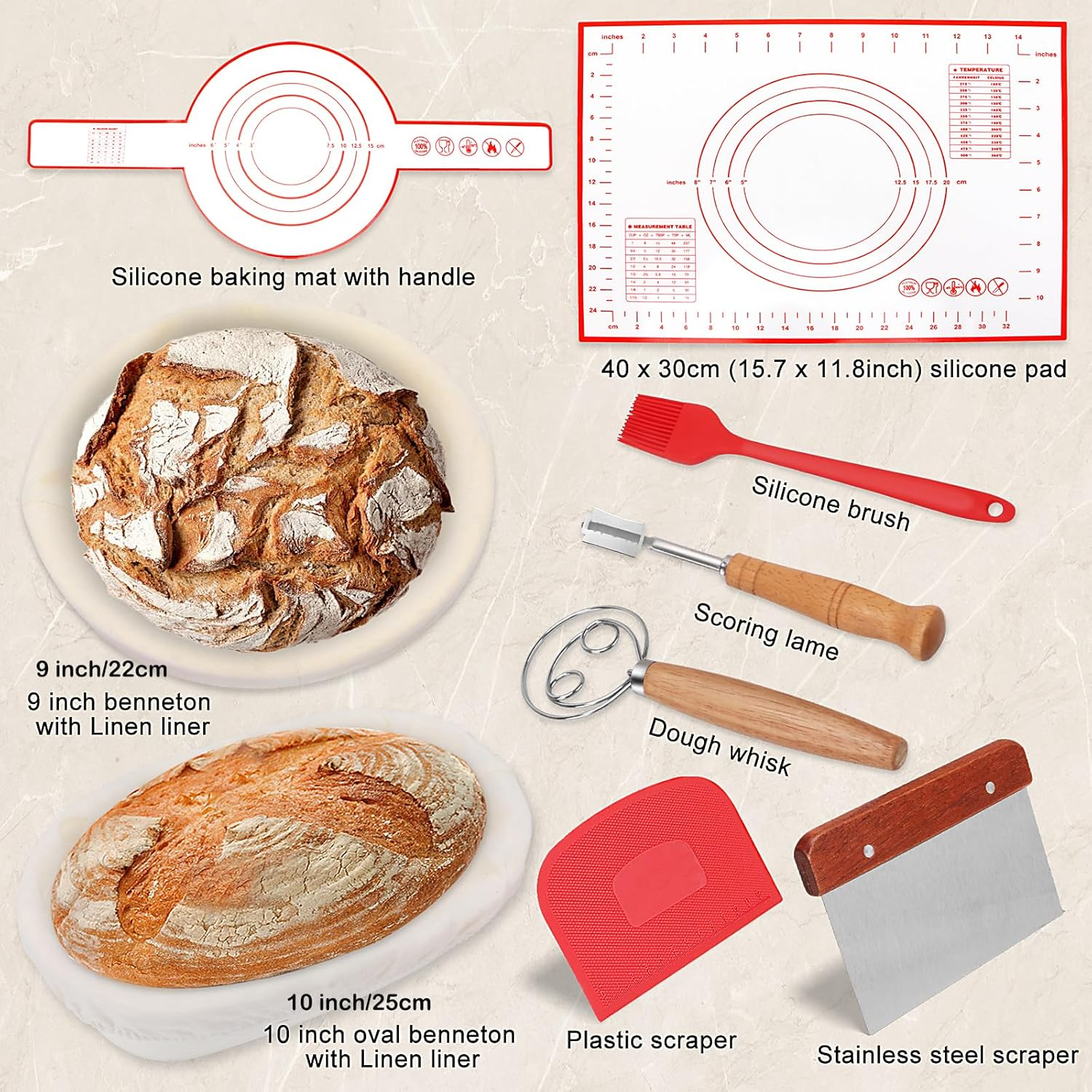 Sourdough Bread Proofing Basket 2 Pack, 22Cm round & 25Cm Oval Banneton Bread Proofing Basket, Sourdough Starter Kit, Banneton Basket Proofing Bowls for Sourdough Bread Making Kit image number 2