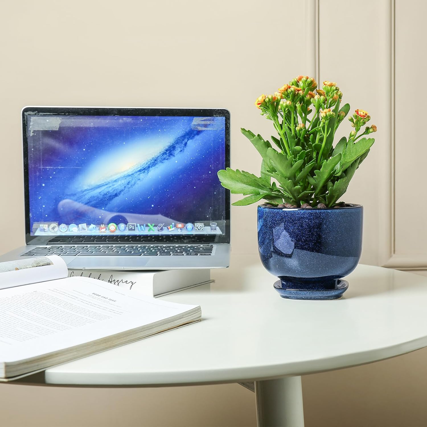 Vicrays Ceramic Plant Pots Indoor - 6.8/5.5/4.3 Inch Planter Pot with Drainage Hole and Saucer for Succulent Orchid Flower Herbs Cactus - Gardening Home Desktop Office Decor &ndash; Set of 3 Blue image number 4