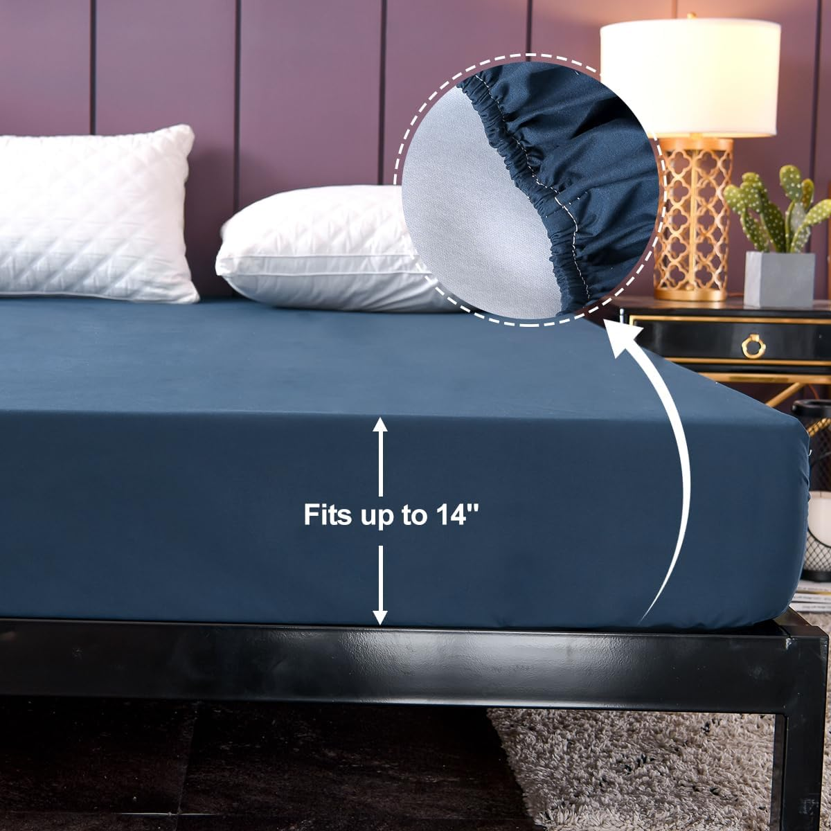 NTBED Waterproof Mattress Protector Cover King Size Blue Deep Pocket Polyester Bed Mattress Pad Cover Solid Color Fitted Sheet (Dark Blue, King) image number 3