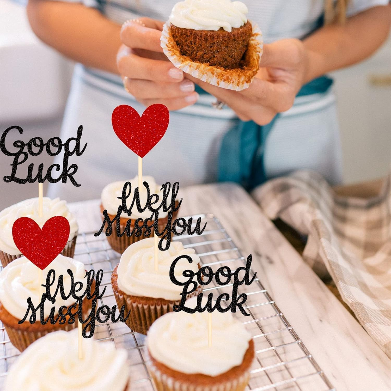 24 Pack We Will Miss You Cupcake Toppers Glitter Red Love Heart Good Luck Cupcake Picks Retirement Theme Going Away Party Cake Decorations (Black)