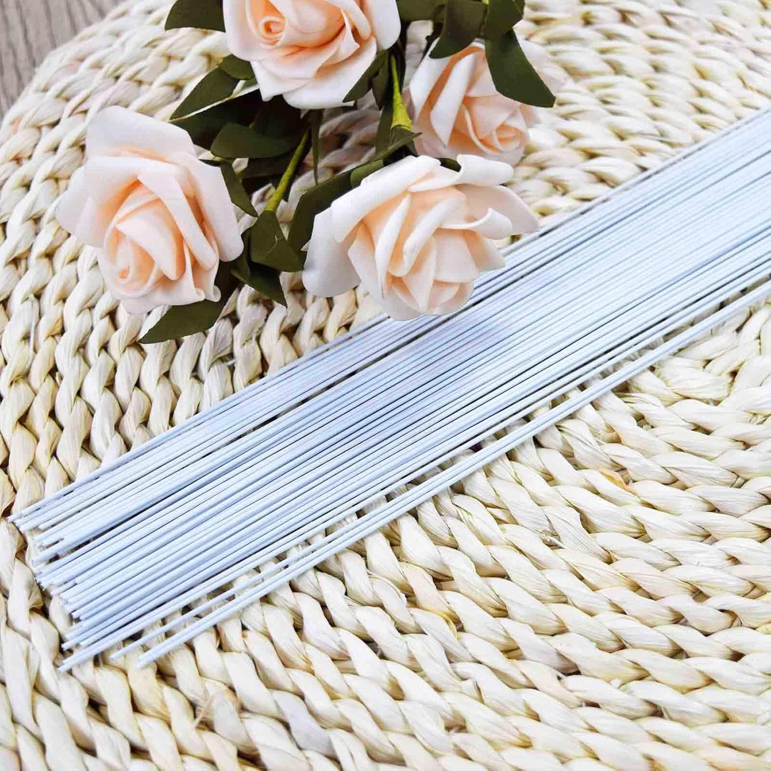 Happylain 50 PCS 18 Gauge White Floral Wire 16 Inch, Paper Wrapped Floral Wire, White Floral Stems