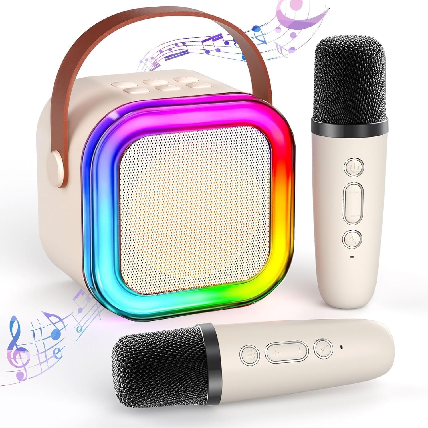 Mini Karaoke Machine with 2 Wireless Microphones, Portable Bluetooth Karaoke Speaker and Microphones for Family or Friends, Birthday Gifts for Girls Boys Family Home Party(Beige) image number 5