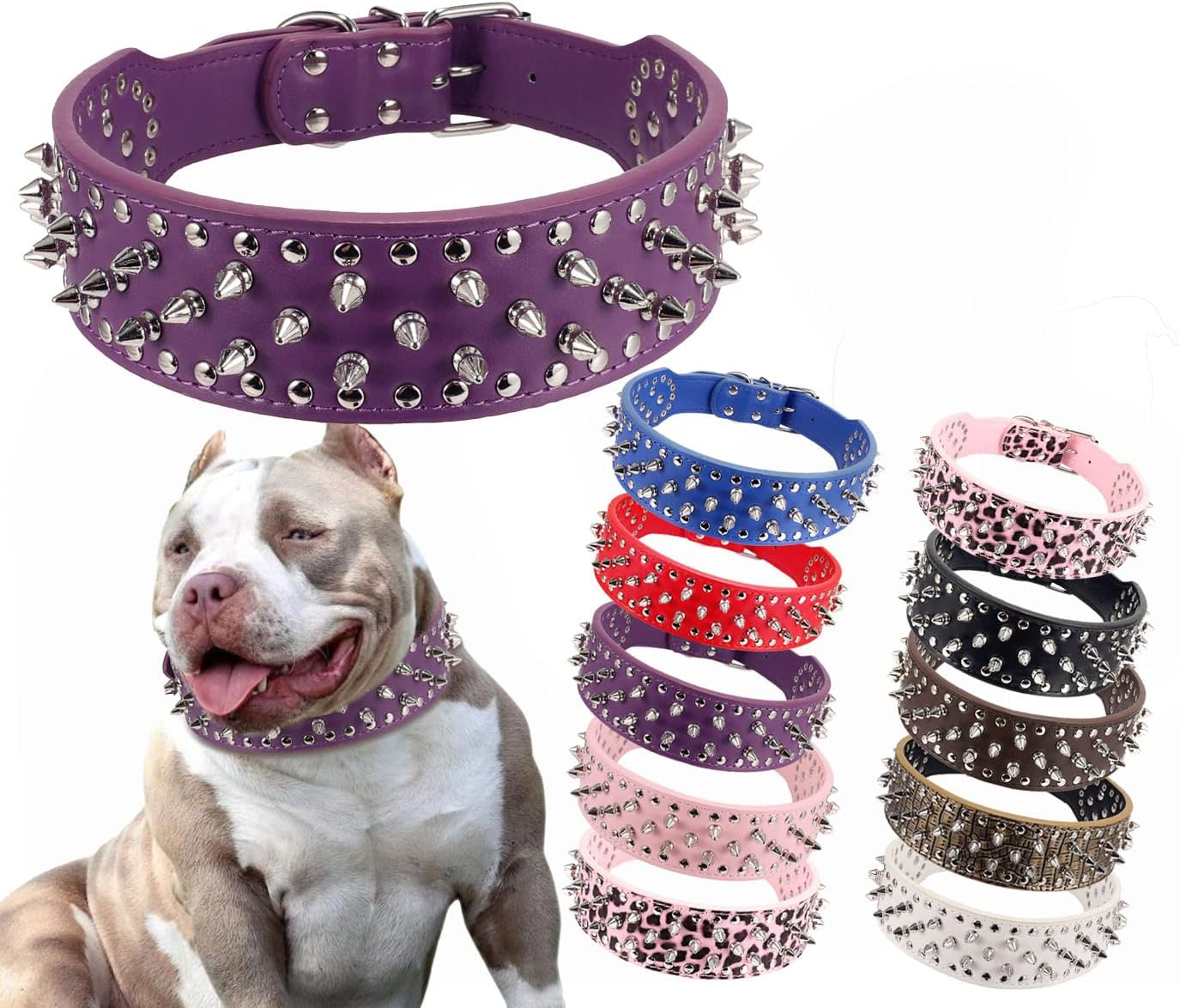 Hoot PU Leather Adjustable Spiked Studded Dog Collar 2" Wide 31 Spikes 52 Studs (S(Neck 17"-20"), Purple) image number 4