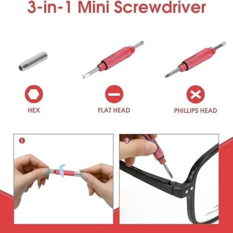 UNEAK - Eyeglass Screwdriver Repair Kit Red Precision 3 in 1 Mini Screwdrivers Set Keychain Glasses, Sunglasses, Sunglass, Watch, Electronics, Eyeglasses, Flat Head, Phillips, Hex - Black And Red And Yellow image number 6