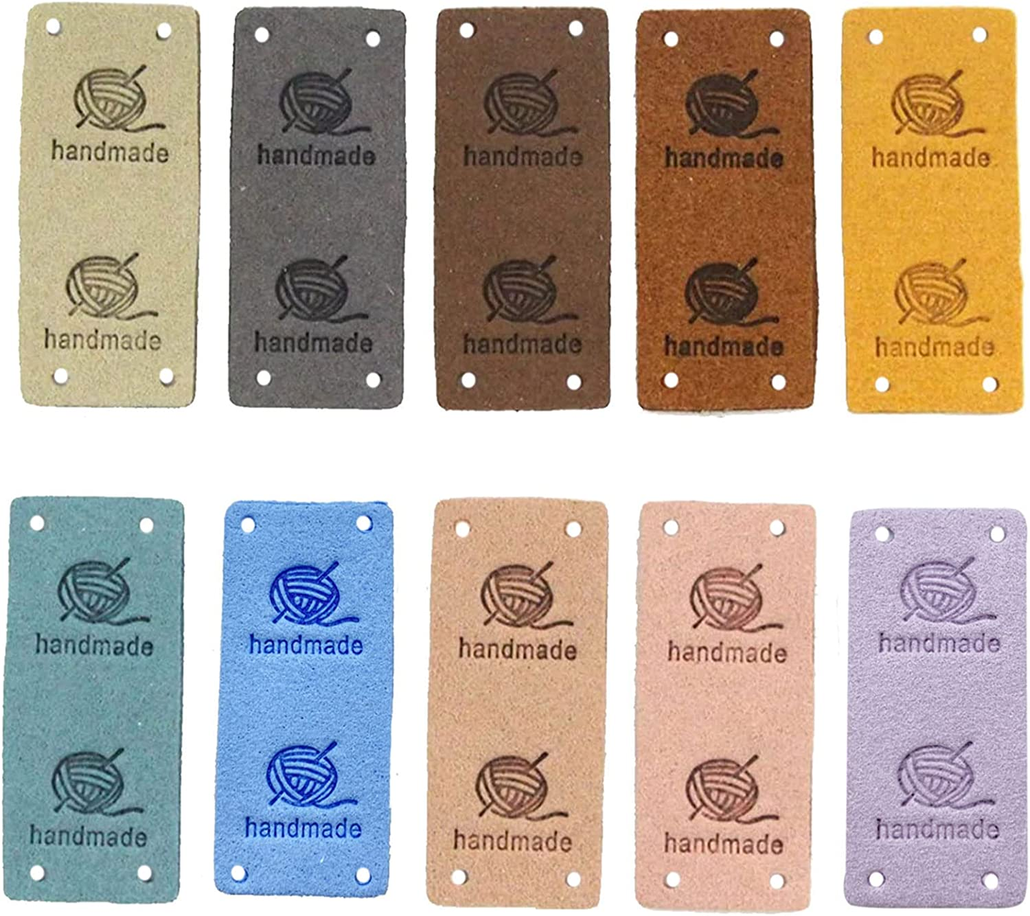 Gewene 50 Pcs Faux Leather Label Handmade Tag Label Folding Handmade Tags Button Holes Embossed Tag Embellishment Knit DIY Jeans Bags Shoes Hat Crafts, Knitting and Crocheting(Yarnball, 10 Colors)