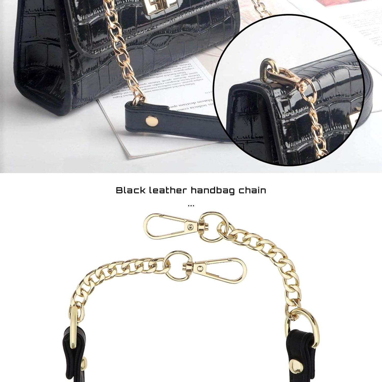 Emsea 2Pcs Replacement Handbag Chain Strap with Buckles for Handbag Crossbody Bag Shoulder Bag Decoration Chain Charms Bag Accessories PU Metal 120Cm Black Gold image number 3