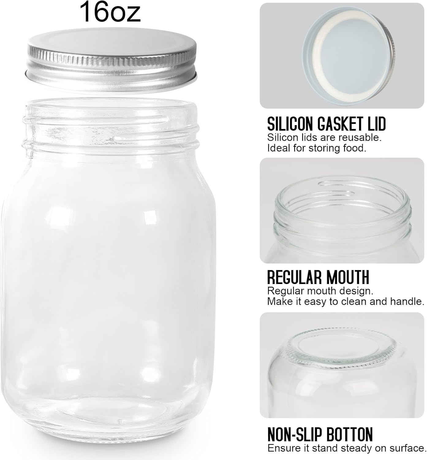 BEWAVE Glass Mason Jars, 16Oz Clear Glass Jars with Lids for Sealing, Regular Mouth Canning Jars for Food Storage, Snacks, Candies, DIY Projects, 4 Pcs image number 6