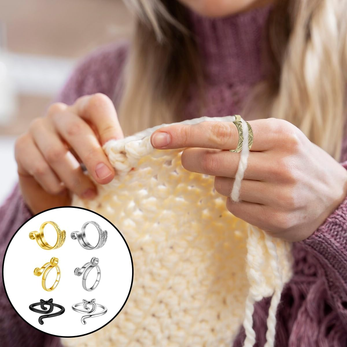 WELANE Knitting Ring, 6 PCS Adjustable Metal Open Crochet Ring for Hand Weaving, Hook Line Supplies, Crocheters (6 Kind) image number 5