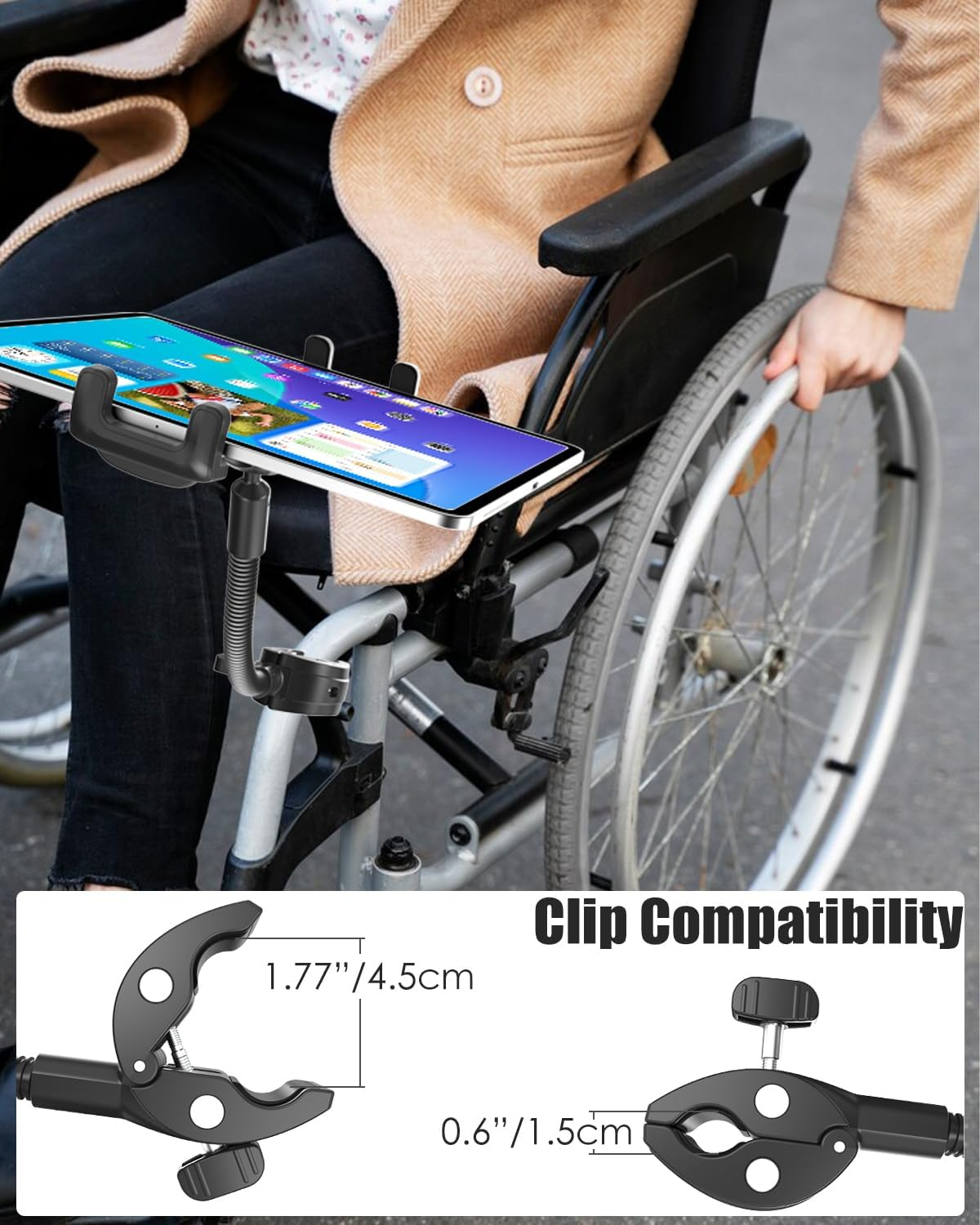 Tablet Phone Mount for Wheelchair, Hand Free Wheelchair Tablet Holder with Adjustable Metal Arm Strong and Durable Compatible with Ipad Pro 12.9 Air Mini, Galaxy Z, E-Book, 4-13" Devices image number 1