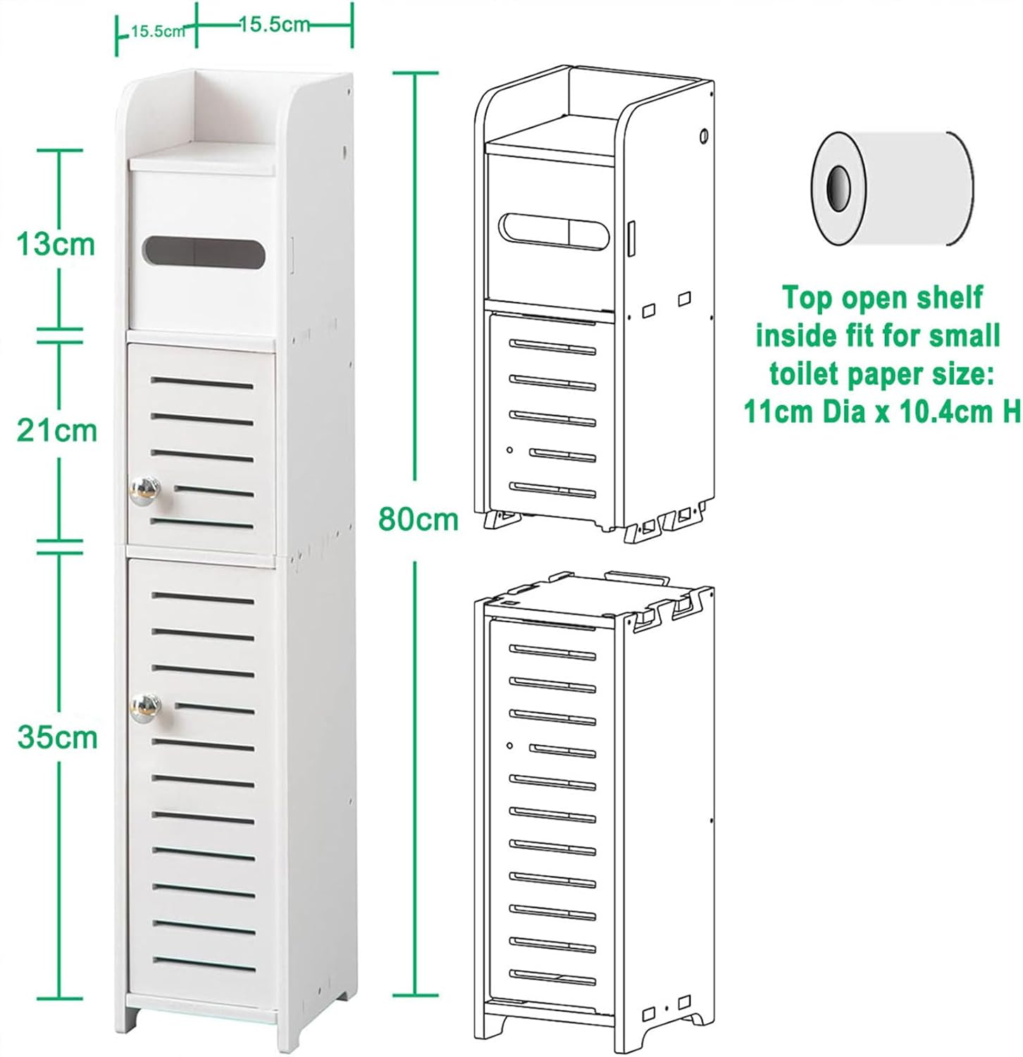 Storage Cabinet for Bathroom Toilet Roll Holder, for Small Spaces, over the Toilet Cabinet for Skinny Bathroom Storage Corner Floor, Slim Paper Cabinet with 2 Doors