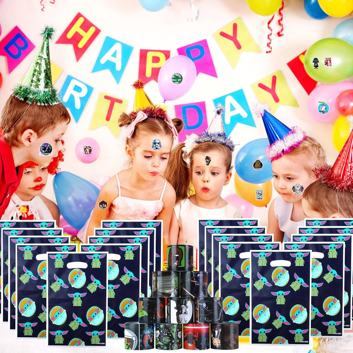 Yod Party Bags, Star War Give Aways Children'S Birthday Party Favours, Star Wars Birthday Decoration, 10 Key Chains, 10 Party Gift Packs, 12 Silicone Bracelets, 50 Stickers for Children 82 Pieces image number 2
