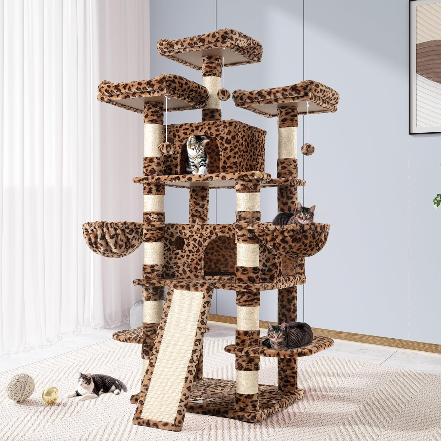 Allewie 68 Inches Cat Tree/House and Towers for Big Feline/Scratching Post/Multi-Level Large Kitty Climbing Tree with Condo/Smokey Grey