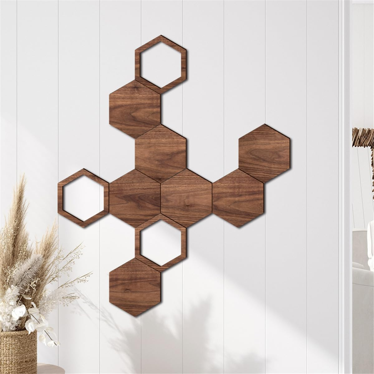 Wooden Hexagon Wall Decor - 10 Pcs Creative Wood Wall Panels, Self Adhesive Hexagon Wall Decals for Living Room, TV Background, Bedroom, DIY Home Decoration image number 4