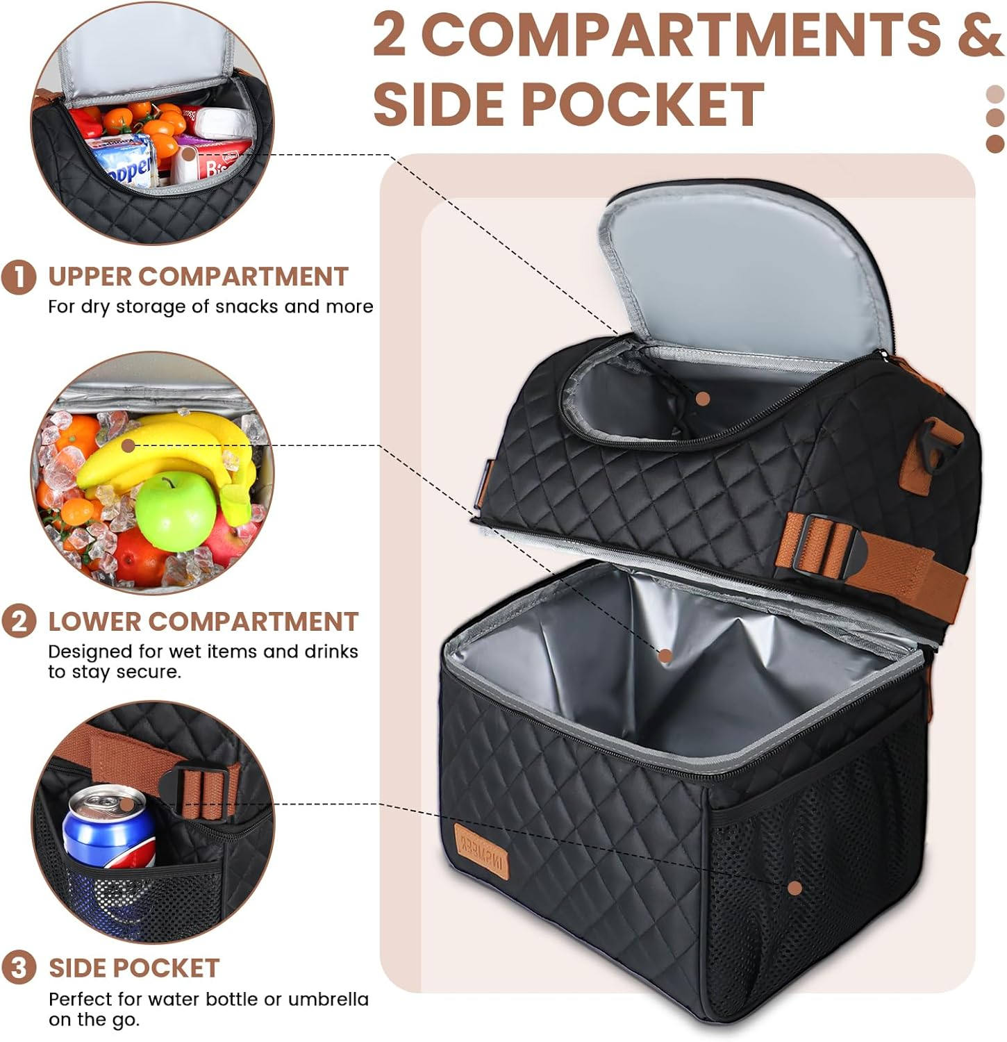 INSMEER 15L Lunch Bag for Women, Insulated Lunch Bag and Cooler with Leakproof & Dry Wet Separation, Dual-Layer Lunch Box for Work & Office, Travel, Camping, Hiking