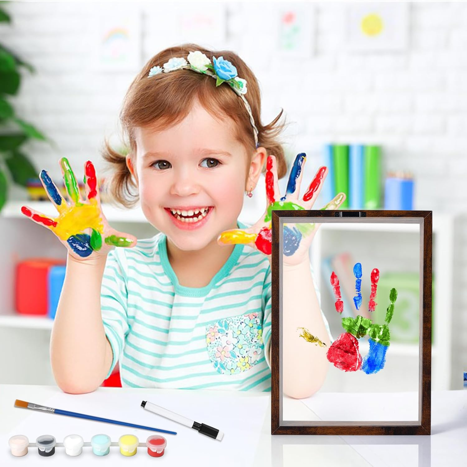 Family Hand and Footprint Kit, Family Palm Print DIY Wooden Photo Frame New and Expecting Parents Gifts for after Birth Parents Kids Couples Friends 6 Paint Colors Included image number 1