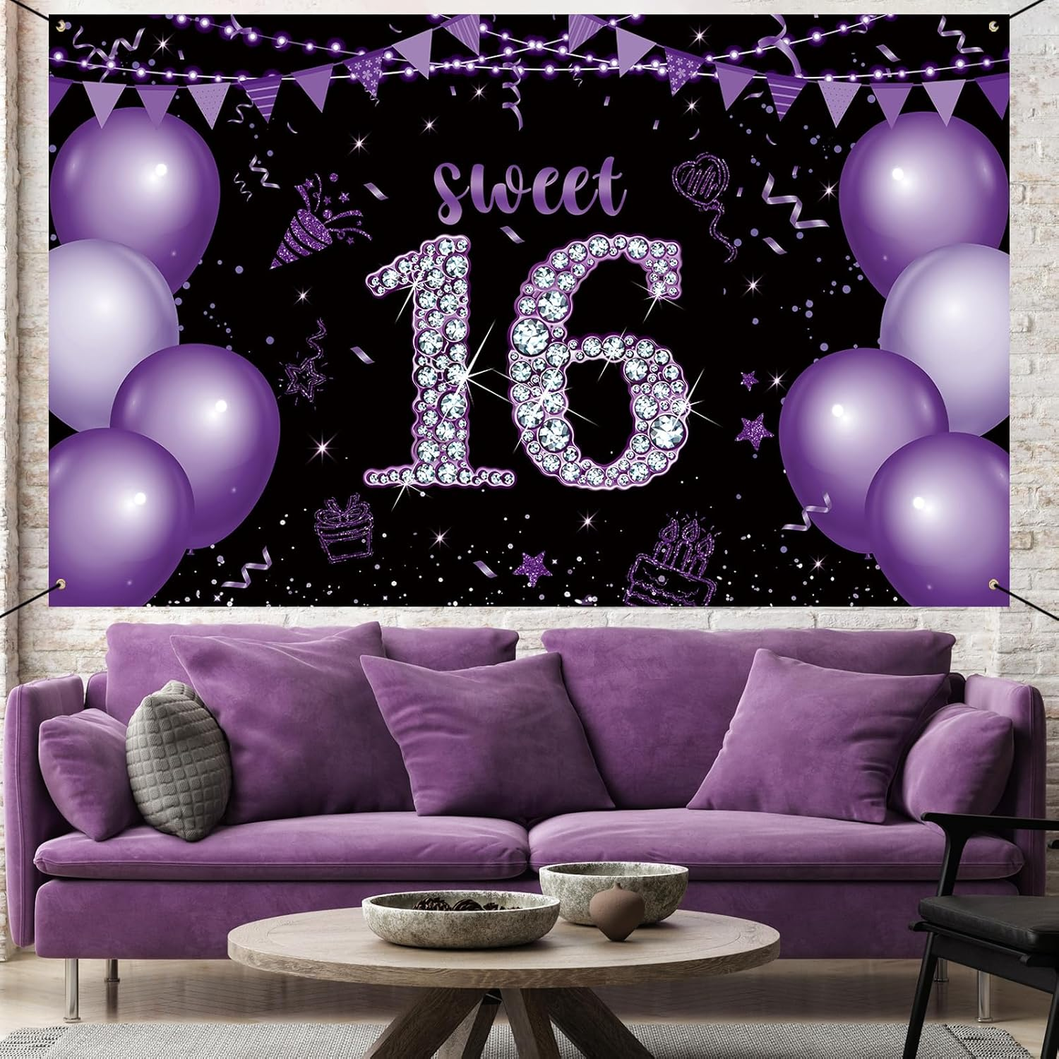 Roetyce Sweet 16 Party Decorations, Black Purple Sweet 16 Banner, 16Th Birthday Decorations for Girls, Sweet 16 Birthday Gifts, Happy 16Th Birthday Backdrop Decor, 16 Years Old Bday Party Supplies image number 3