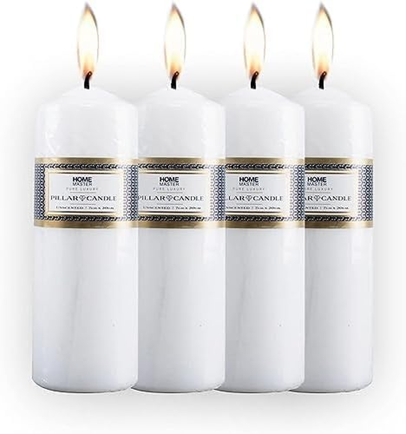 [4PCE] Home Master Pillar Candles - 20Cm - Long-Lasting 60Hr Burn Time - Unscented & Smoke-Free - Ideal for Everyday Decor, Weddings, and Emergencies (White)