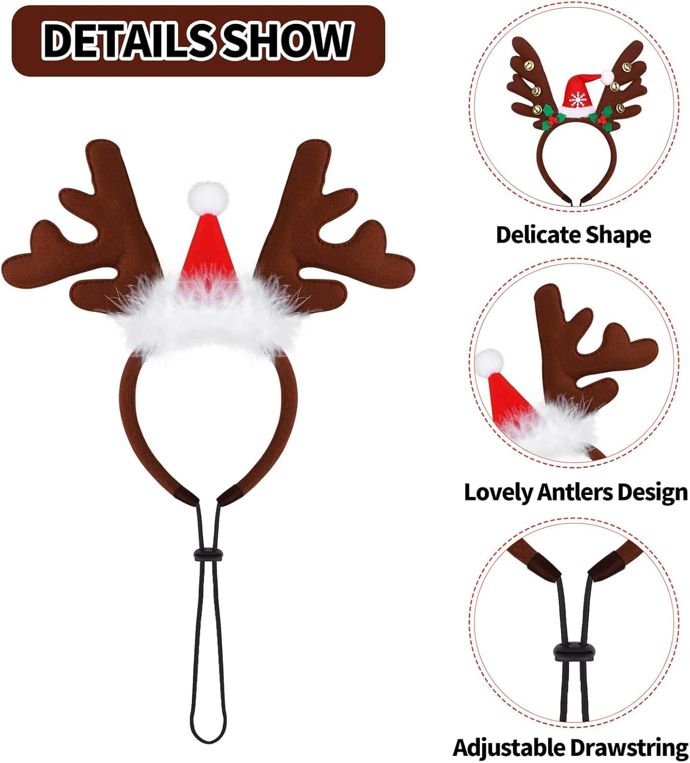 3 Pack Christmas Pet Headwear Xmas Hair Loop Brown Reindeer Antlers Headband Christmas Pet Costume Hair Accessory for Dogs (Brown, One Size) image number 6