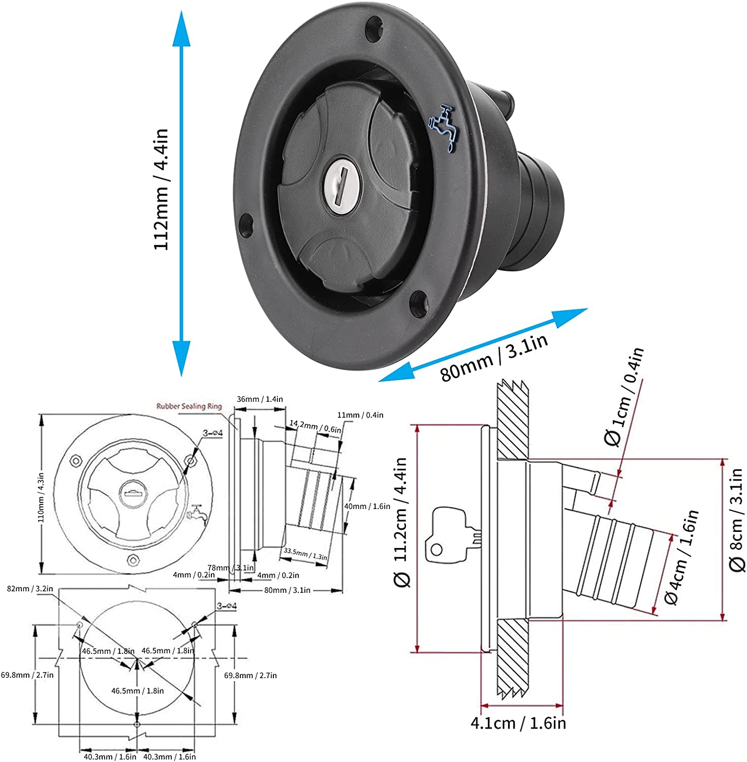 RV Water Filling, Gravity Water Inlet Plastic Water Filler Cap Black Water Filling Port Corrosion Resistant Lockable for Motorhome for RV Caravan image number 5