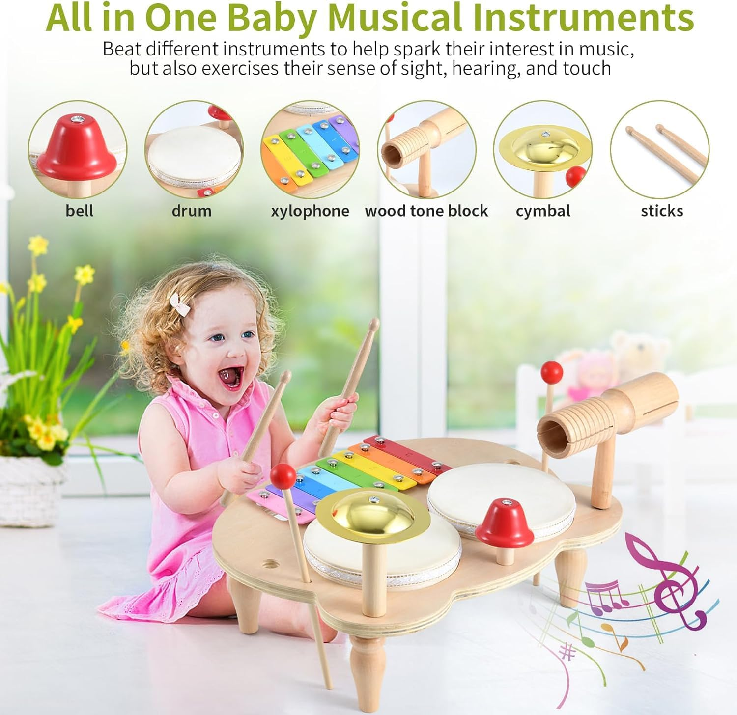 Kids Drum Set for Toddlers Baby Music Instruments 7 in 1 Montessori Preschool Musical Toys Children Drum Kit Xylophone Tambourine Birthday Gifts for Boys and Girls Natural Wooden Music Kit image number 5