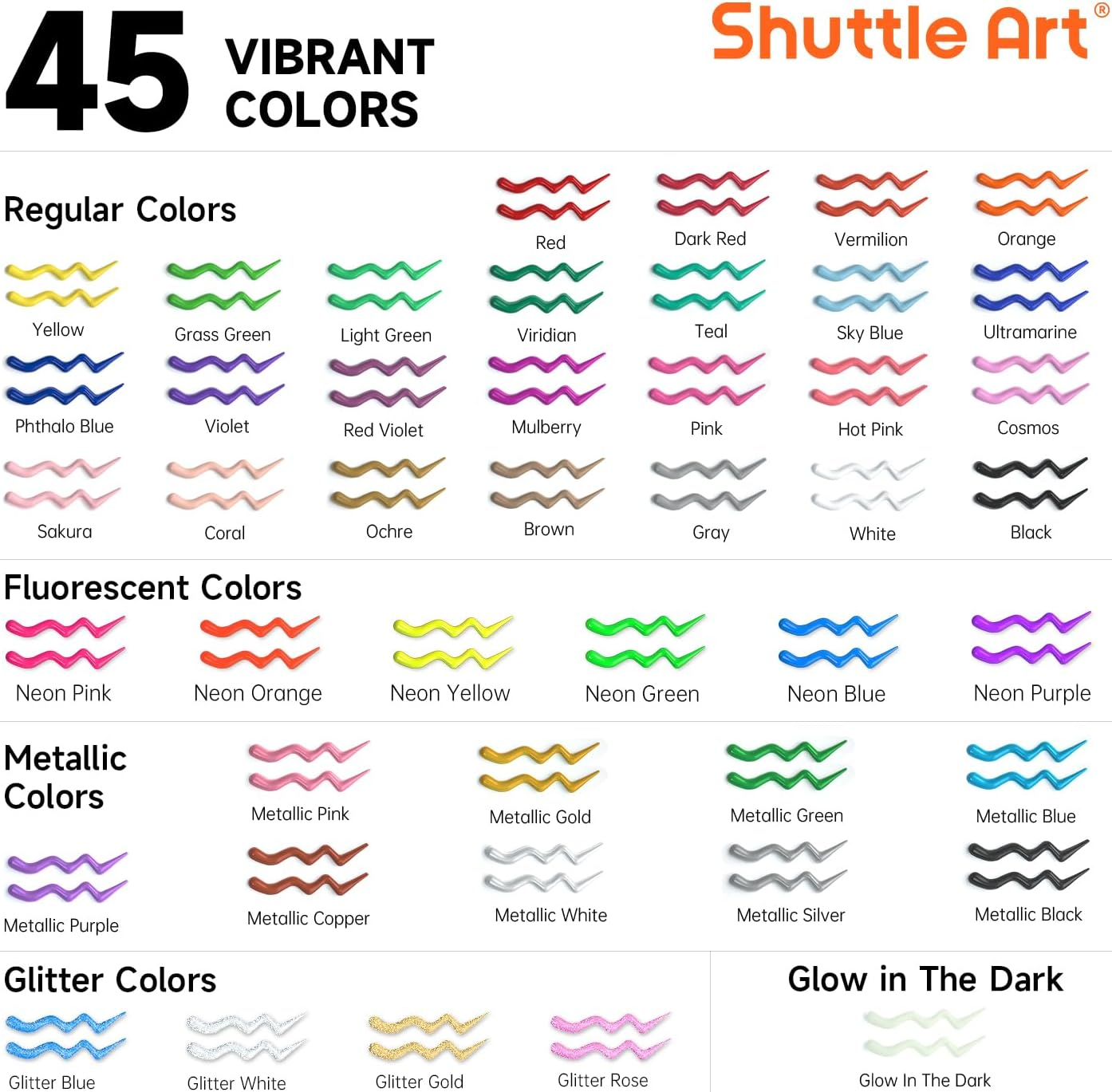 Shuttle Art Fabric Paint Set, 45 Colors 3D Permanent Paint with Brushes Palette Pen Fabric Sheet Stencils, Glow in the Dark, Glitter,Metallic Colors for Textile Fabric T-Shirt Jeans Glass image number 2