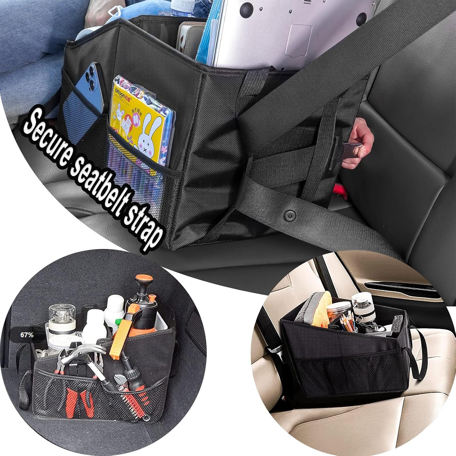 Car Seat Organizer, Collapsible Car Seat Storage Organizer for Console Front/Back Seat, Multifunction Automotive Backseat Organizer with Belt Cup Holders for Kids Travel Accessories image number 4