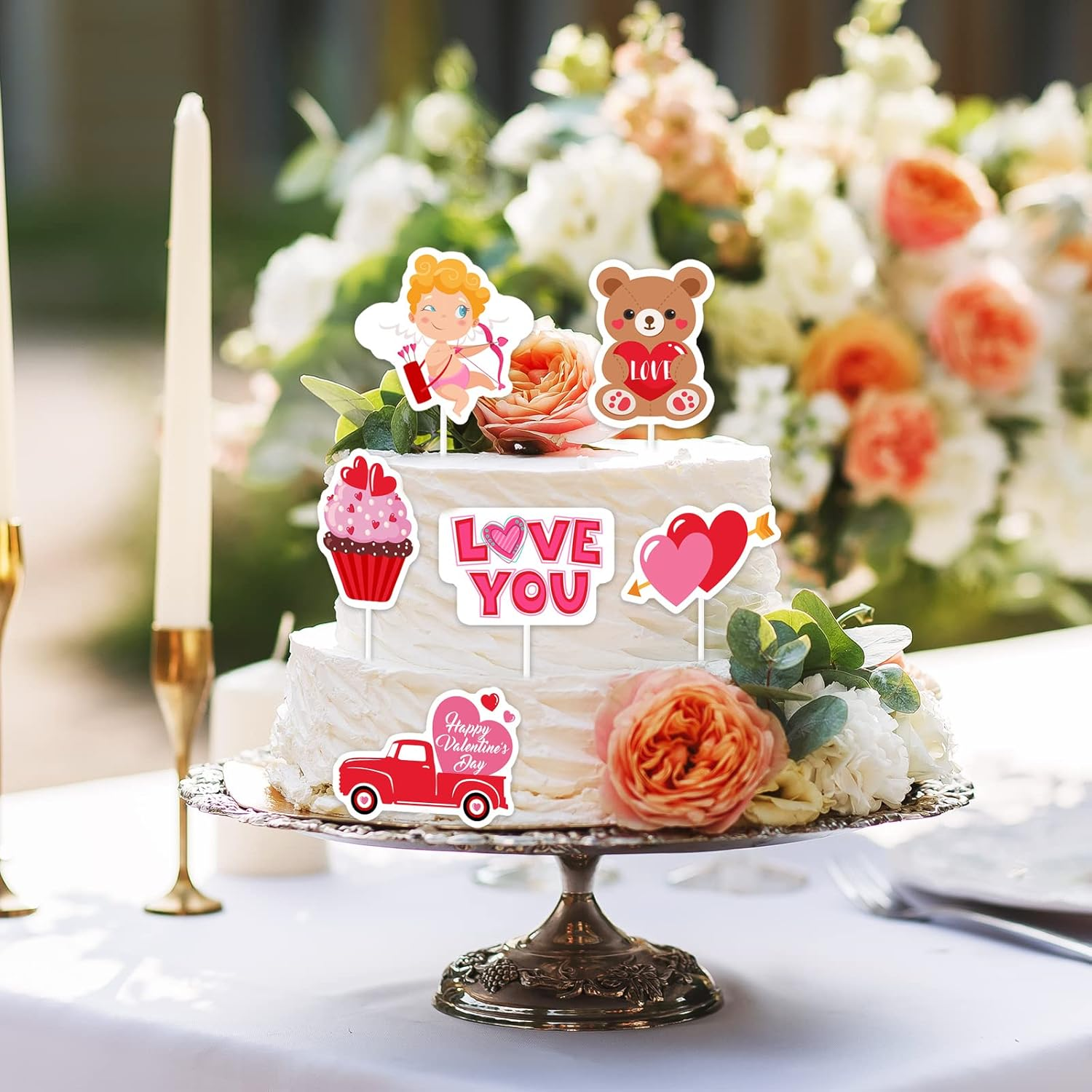 Whaline 72Pcs Valentine'S Day Cupcake Toppers 9 Designs Heart Bear Cupid Cake Toppers Cute Party Cupcake Toppers with Sticks and Glue Point for Valentine'S Day Birthday Anniversary Party Supplies