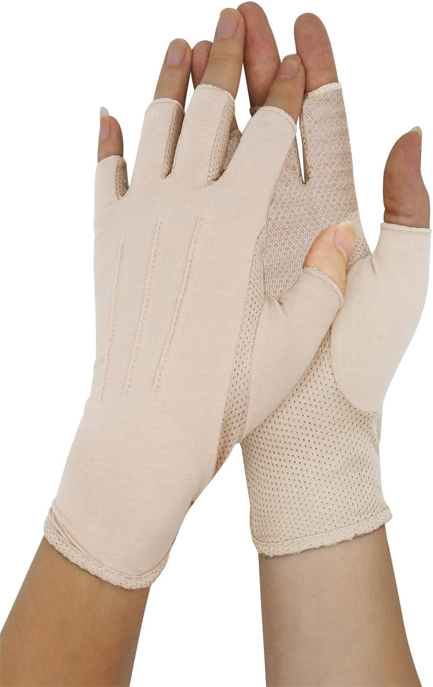 Bienvenu Mens Summer UV Protection Half Finger Outdoor Hiking Driving Cycling Riding Cotton Breathable Sunblock Gloves - Beige image number 3