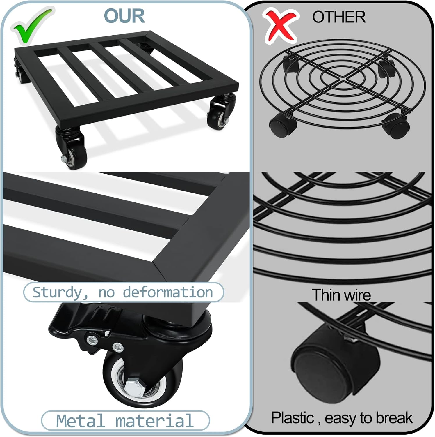 Plant Caddy with Wheels, 2 Pack 12 Inch Plant Stand with Wheels Metal Square Plant Dolly with Lockable Caster Wheels Heavy Duty Plant Dolly Base for Indoor Outdoor Holds up 380 Lbs Pots Planter, Black image number 3