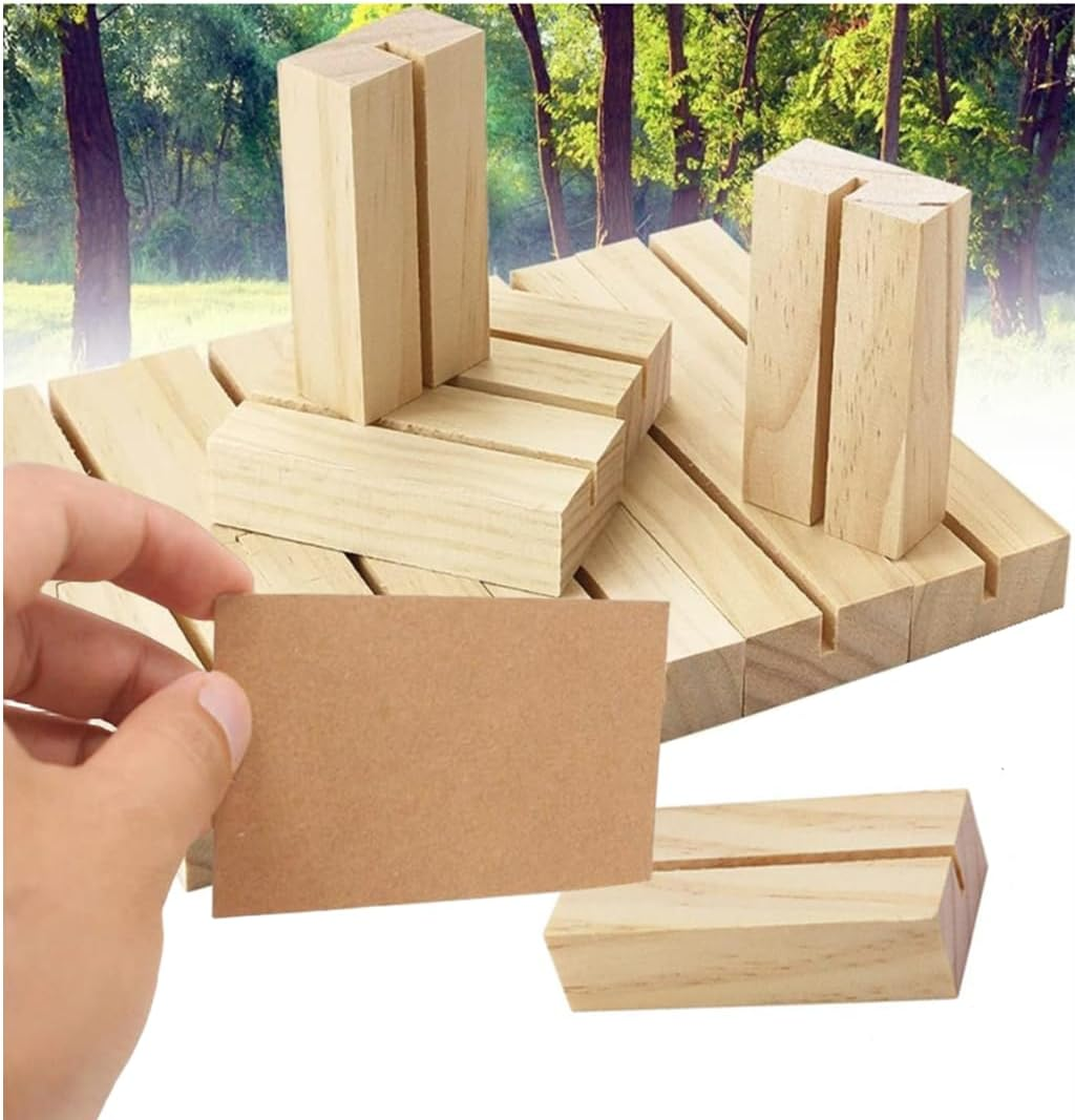 30 Pieces Wood Place Card Holders,Wood Sign Holders Table Number Stand, Table Number Holders Stands with Brown Paper Cards, for Table Number Signs, Wedding Party Events Display Name Card Photo Memo image number 3