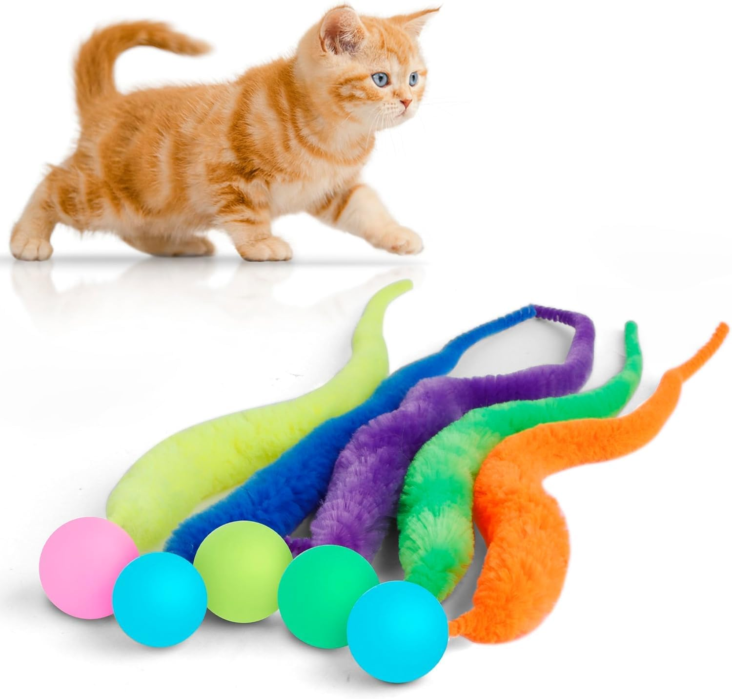 Bouncy Glow Ball with Tail for Cat 5 Packs,Large Magic Worm with Fluorescent Ball for Cats,Colorful Fuzzy Worm Bouncy Glow Balls Cat image number 1
