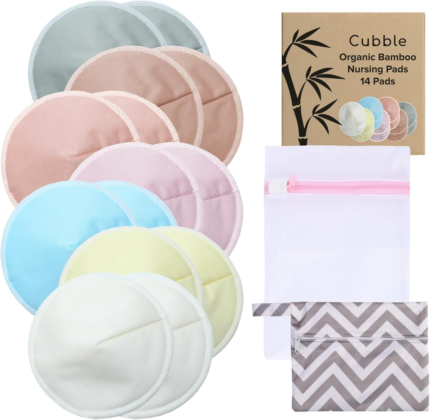 Washable Organic Bamboo Nursing Pads, Reusable Nursing Breast Pads, Washable Breastfeeding Nipple Pads, Leak-Proof | 14 Pack (7 Pairs) with 1 Laundry Bag and 1 Storage Bag (Multi-Colored) image number 4
