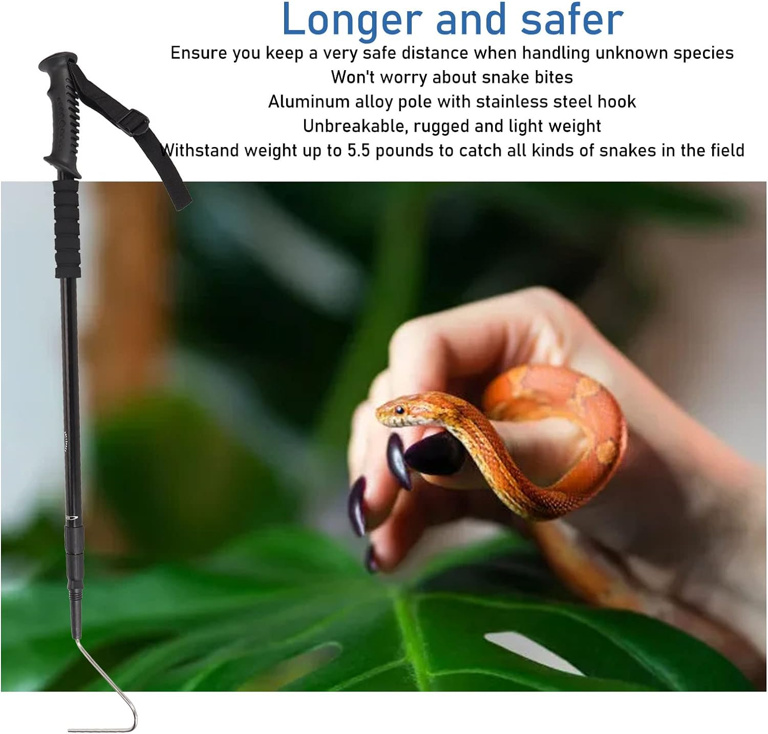 Retractable Snake Hook, Adjustable Snake Catcher, Reinforced Safe Ergonomic Grip, Portable with Handle for Reptiles image number 4