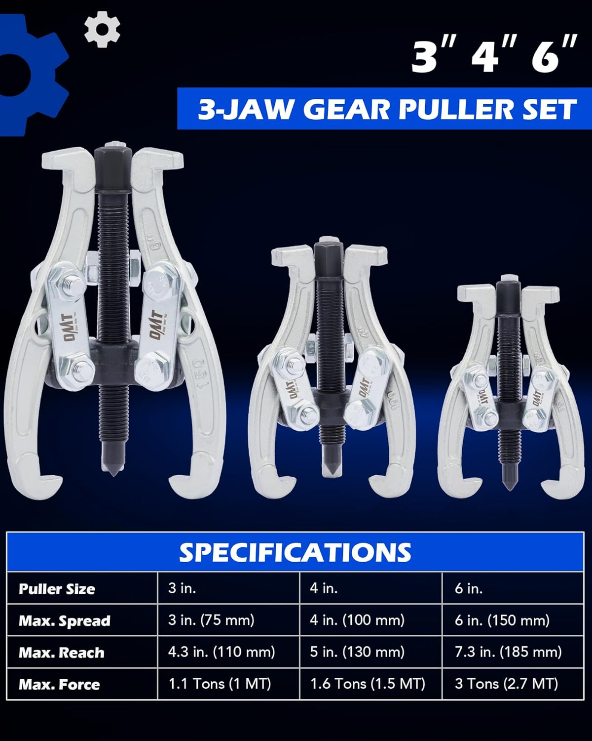 Orion Motor Tech Gear Puller Set, 3" 4" 6" 3 Jaw Puller Kit for Pulley Gear Bearing Flywheel Removal, Heavy Duty Pulley Puller with Reversible Jaws 3 Pcs Bearing Puller Tool Kit image number 1