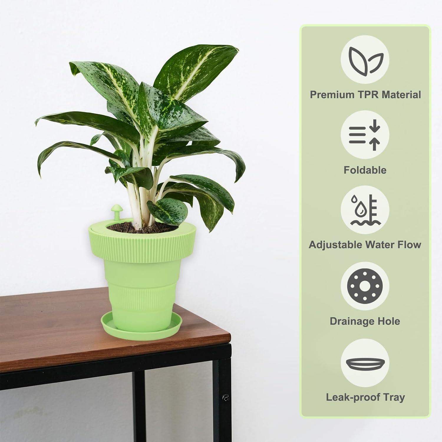 Self-Watering Indoor Plant Pots &ndash; Foldable Silicone Flower Pots with Drainage Holes and Saucers, Ideal for Home and Office Decor (Green) image number 5
