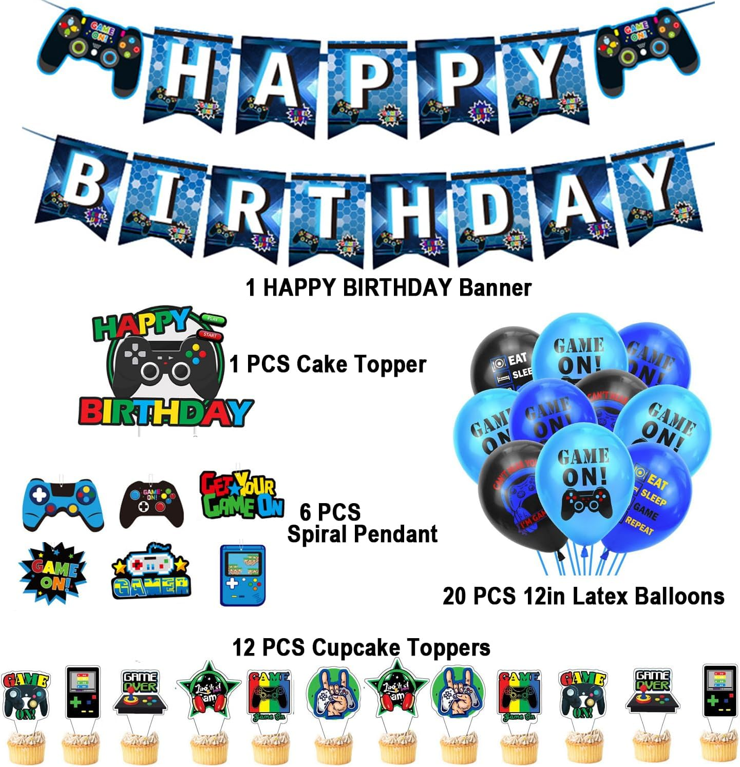 Video Game Birthday Party Decorations Blue Game on Party Supplies Gaming Birthday Decoration Including Happy Birthdays Banner, Hanging Swirls, Latex Balloons and Cake Decorations image number 6