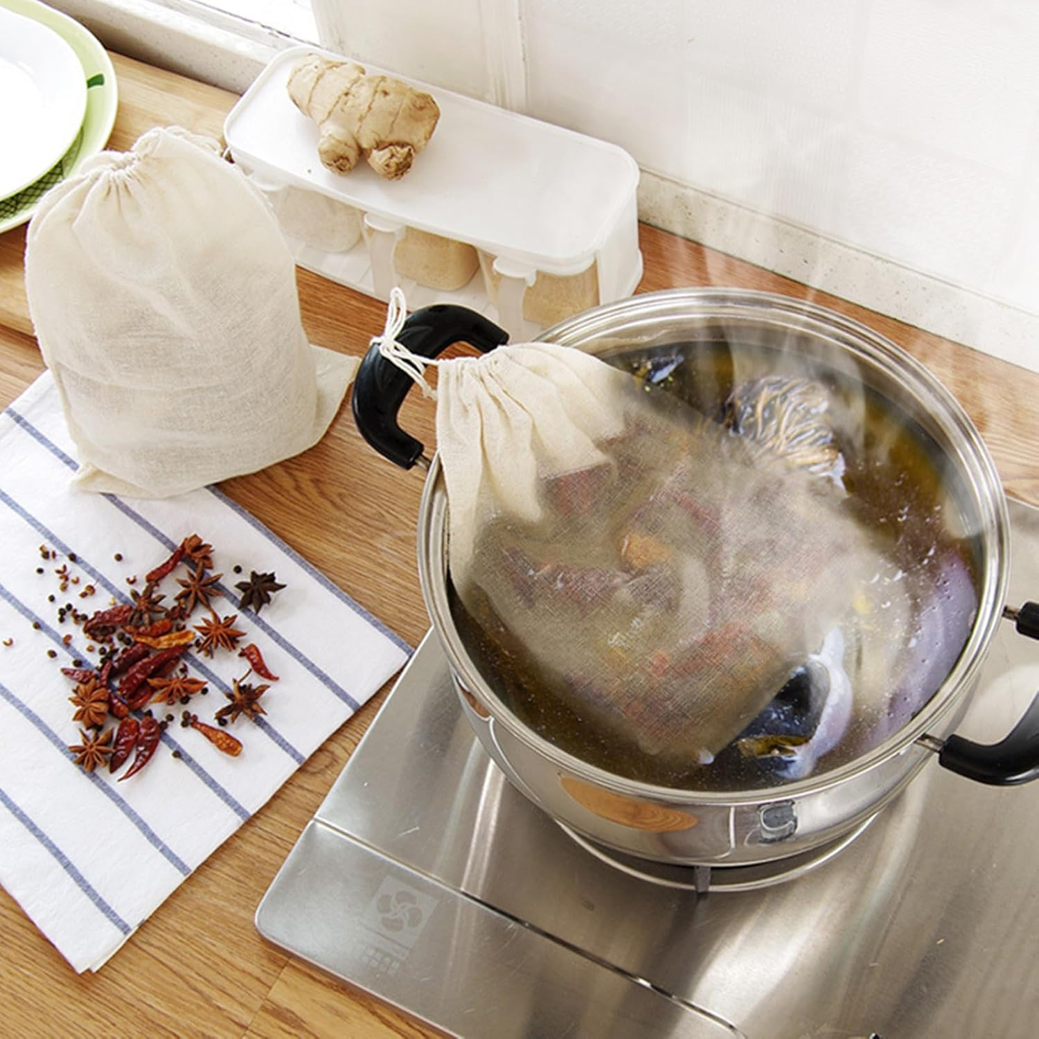 TUZAZO 24 Pack Reusable Spice Bags for Cooking, Cheesecloth Bags for Straining, Drawstring Cotton Tea Bags Soup Bags Bone Broth Brew Bags Muslin Bags (6 X 8 Inch) image number 6